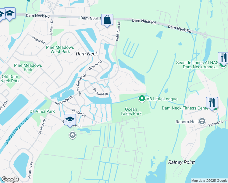 map of restaurants, bars, coffee shops, grocery stores, and more near 1745 Kitimal Drive in Virginia Beach