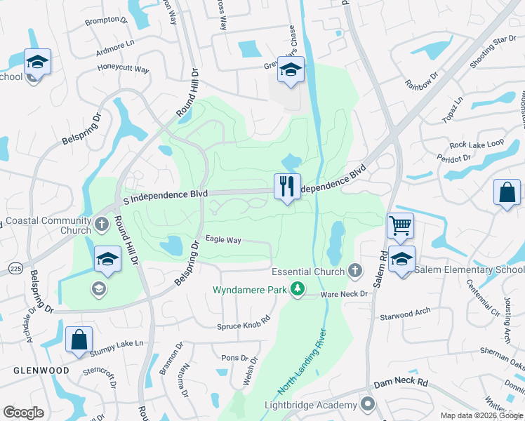 map of restaurants, bars, coffee shops, grocery stores, and more near 5001 Thatcher Way in Virginia Beach