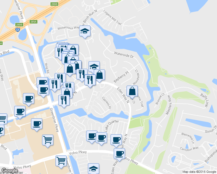 map of restaurants, bars, coffee shops, grocery stores, and more near 1364 Cypress Pl in Chesapeake
