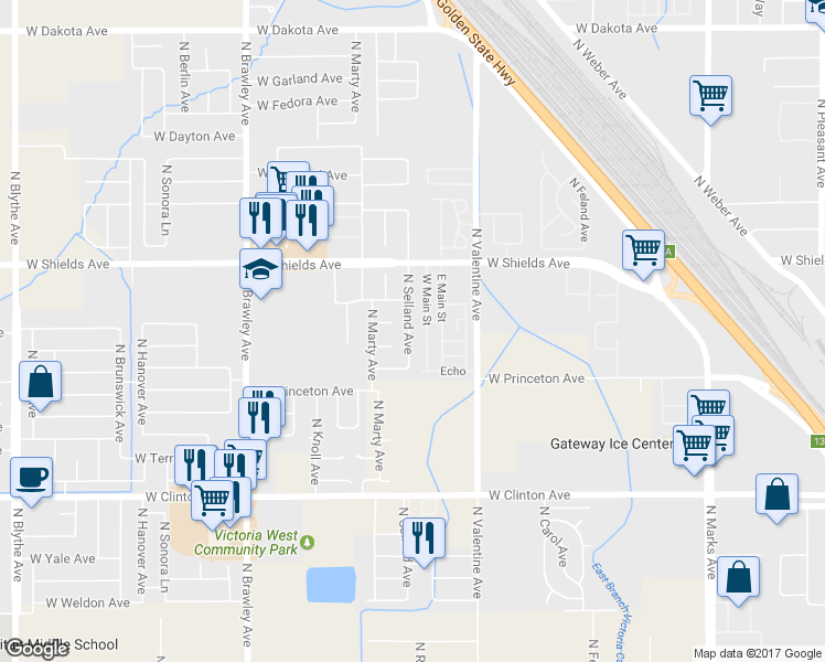 map of restaurants, bars, coffee shops, grocery stores, and more near 2688 North Selland Avenue in Fresno