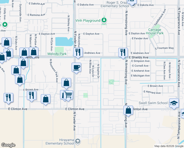 map of restaurants, bars, coffee shops, grocery stores, and more near 2847 North Leya Drive in Fresno