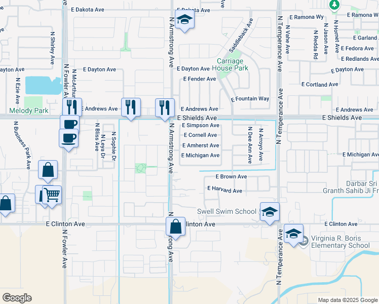 map of restaurants, bars, coffee shops, grocery stores, and more near 6562 East Michigan Avenue in Fresno