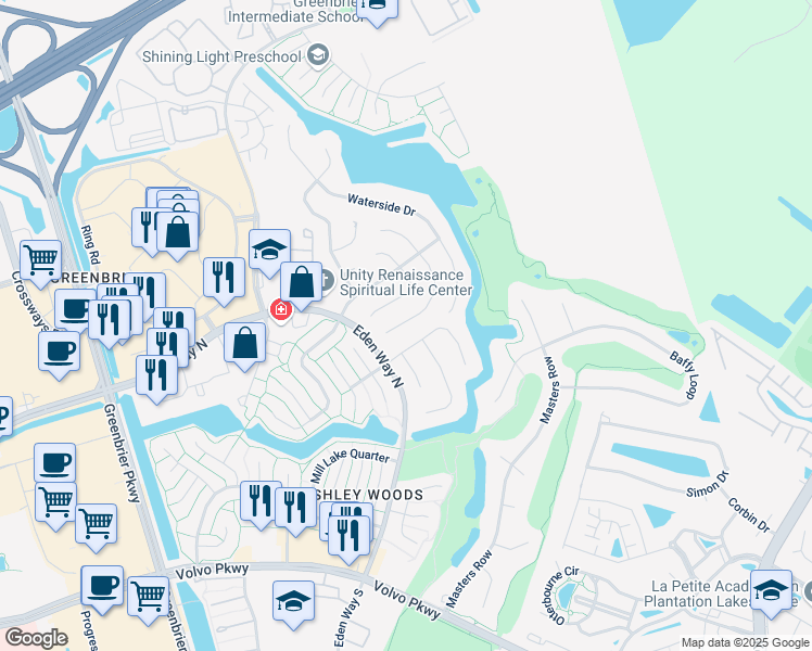 map of restaurants, bars, coffee shops, grocery stores, and more near 1416 Woodside Court in Chesapeake