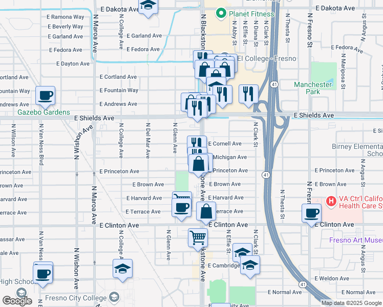 map of restaurants, bars, coffee shops, grocery stores, and more near 1619 East Michigan Avenue in Fresno