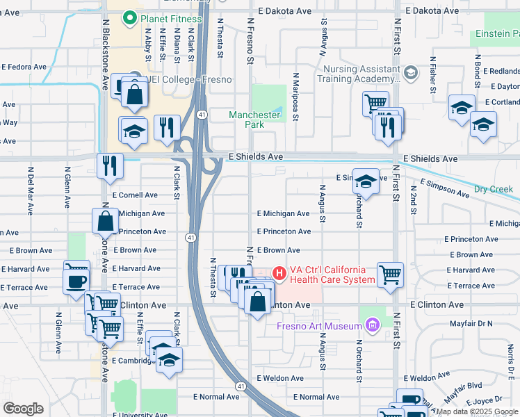 map of restaurants, bars, coffee shops, grocery stores, and more near 2525 East Michigan Avenue in Fresno