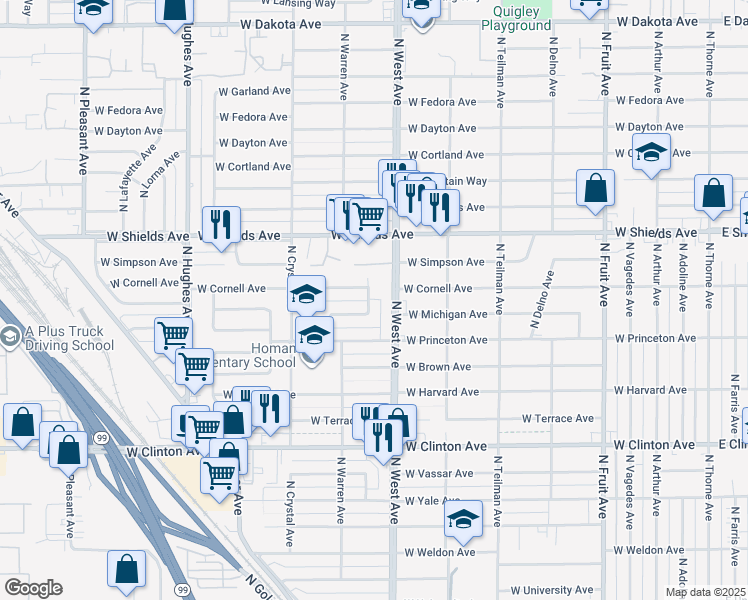 map of restaurants, bars, coffee shops, grocery stores, and more near 2932 North Ila Avenue in Fresno