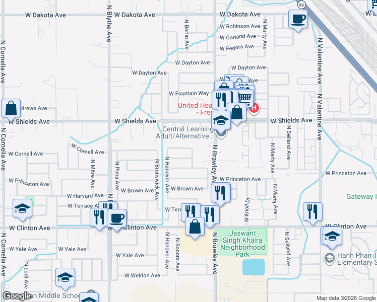 map of restaurants, bars, coffee shops, grocery stores, and more near 4127 West Cornell Avenue in Fresno