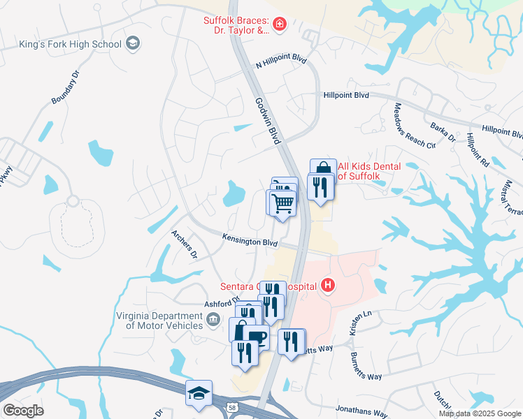map of restaurants, bars, coffee shops, grocery stores, and more near 141 Wexford Drive in Suffolk