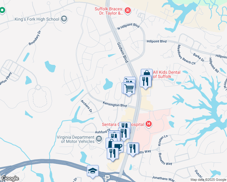 map of restaurants, bars, coffee shops, grocery stores, and more near 244 Wexford Drive West in Suffolk