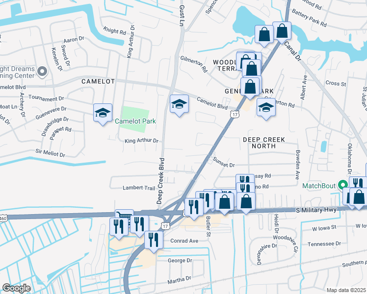 map of restaurants, bars, coffee shops, grocery stores, and more near 2724 Janice Lynn Court in Chesapeake