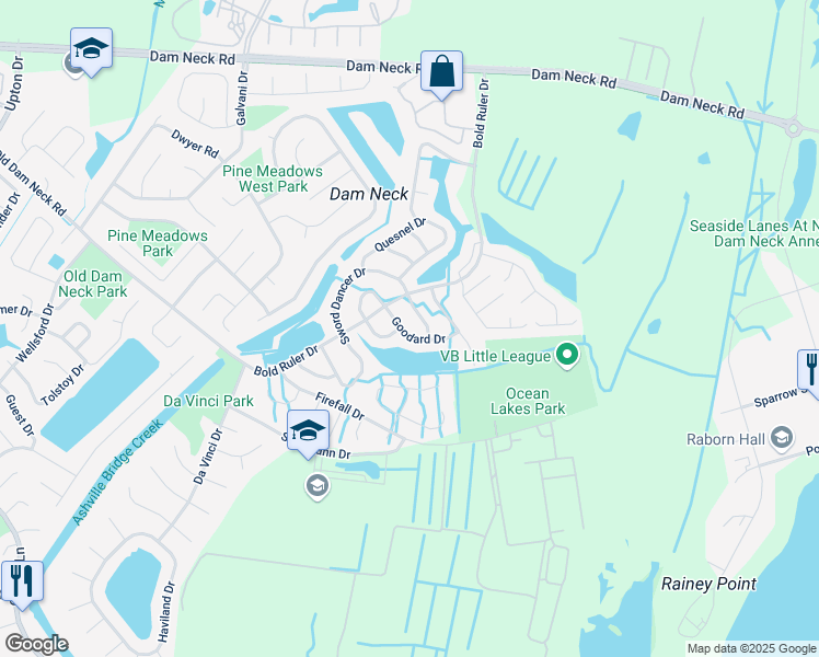 map of restaurants, bars, coffee shops, grocery stores, and more near 754 Goodard Drive in Virginia Beach