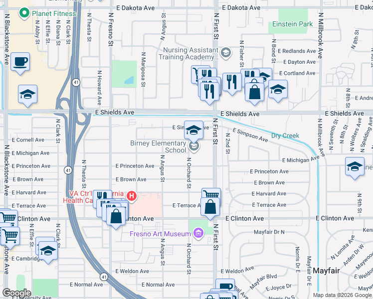 map of restaurants, bars, coffee shops, grocery stores, and more near 2995 East Michigan Avenue in Fresno