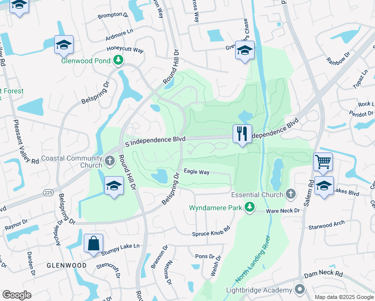 map of restaurants, bars, coffee shops, grocery stores, and more near 5221 Thatcher Way in Virginia Beach