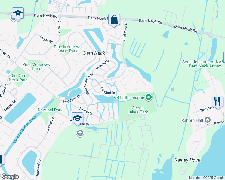 map of restaurants, bars, coffee shops, grocery stores, and more near 1523 Sword Dancer Drive in Virginia Beach