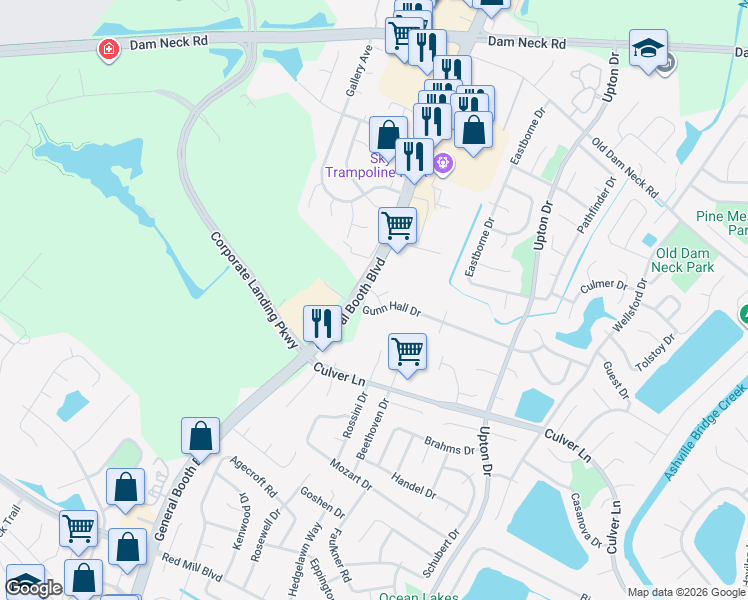 map of restaurants, bars, coffee shops, grocery stores, and more near 1829 Mizzen Lane in Virginia Beach