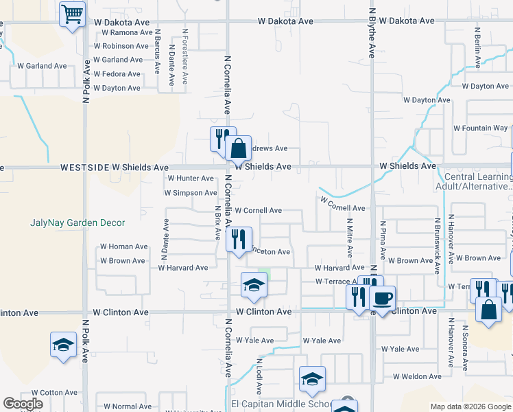 map of restaurants, bars, coffee shops, grocery stores, and more near 4724 West Cornell Avenue in Fresno