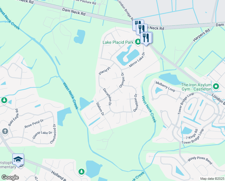 map of restaurants, bars, coffee shops, grocery stores, and more near 1909 Olympic Drive in Virginia Beach