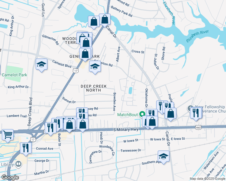 map of restaurants, bars, coffee shops, grocery stores, and more near 2401 Payne Road in Chesapeake