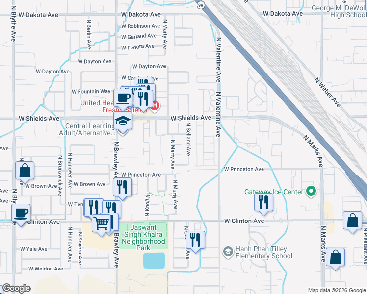 map of restaurants, bars, coffee shops, grocery stores, and more near 2688 North Selland Avenue in Fresno