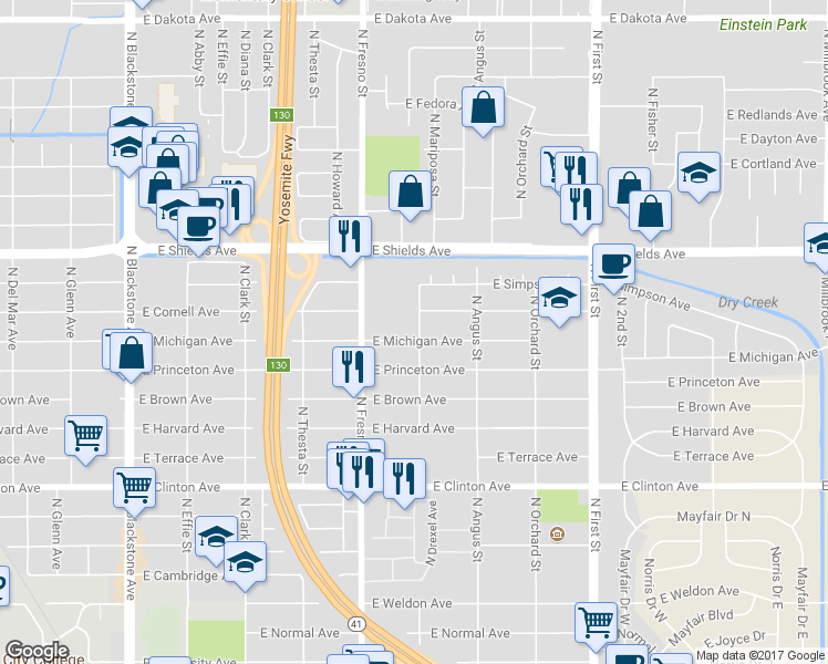 map of restaurants, bars, coffee shops, grocery stores, and more near 2645 East Michigan Avenue in Fresno
