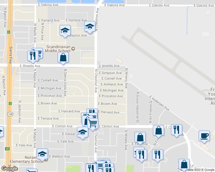map of restaurants, bars, coffee shops, grocery stores, and more near 4836 East Amherst Avenue in Fresno
