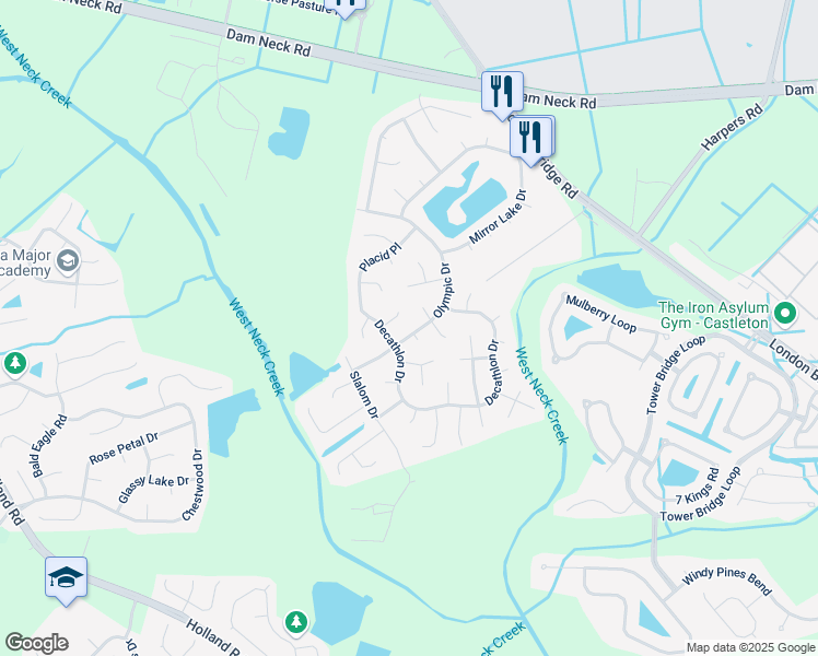 map of restaurants, bars, coffee shops, grocery stores, and more near 1909 Olympic Drive in Virginia Beach