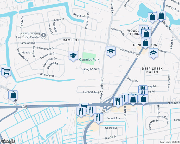 map of restaurants, bars, coffee shops, grocery stores, and more near 913 Baron Court in Chesapeake