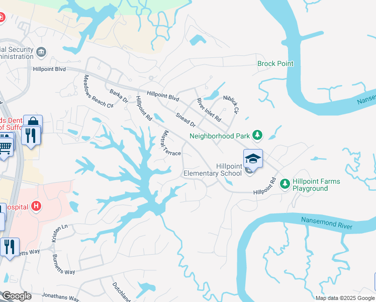 map of restaurants, bars, coffee shops, grocery stores, and more near 121 Mistral Terrace in Suffolk