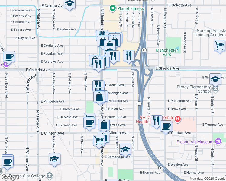 map of restaurants, bars, coffee shops, grocery stores, and more near 1845 East Michigan Avenue in Fresno