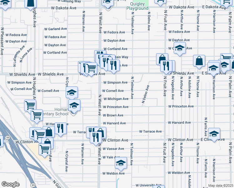 map of restaurants, bars, coffee shops, grocery stores, and more near 2949 North Channing Way in Fresno