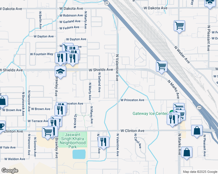 map of restaurants, bars, coffee shops, grocery stores, and more near 120 East Main Street in Fresno