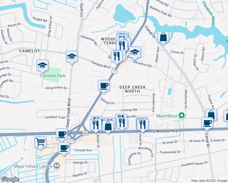 map of restaurants, bars, coffee shops, grocery stores, and more near 1005 George Washington Highway North in Chesapeake