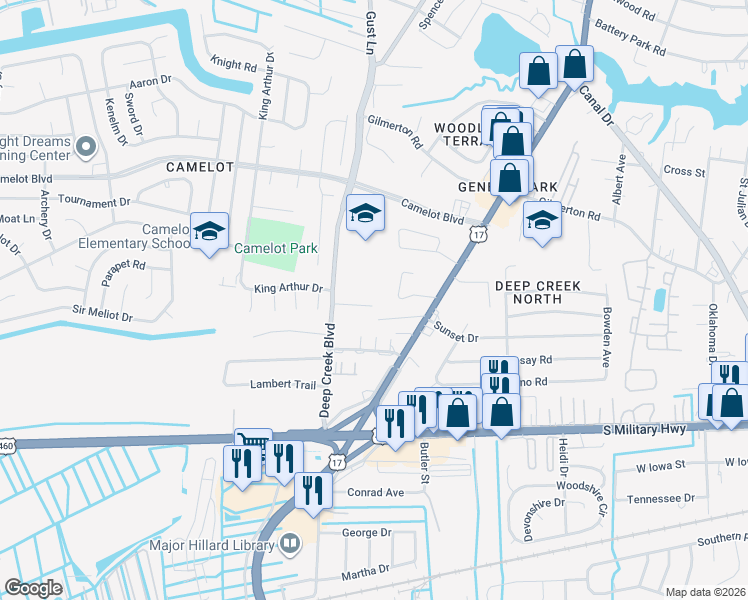 map of restaurants, bars, coffee shops, grocery stores, and more near 2724 Janice Lynn Court in Chesapeake