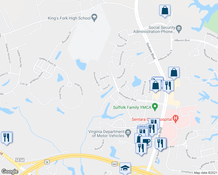 map of restaurants, bars, coffee shops, grocery stores, and more near 119 Dana Drive in Suffolk
