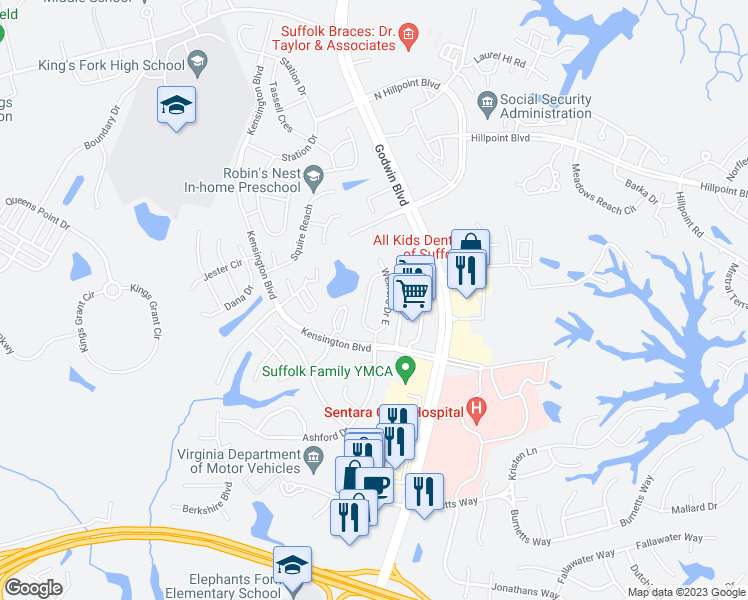 map of restaurants, bars, coffee shops, grocery stores, and more near 249 West Wexford Drive in Suffolk