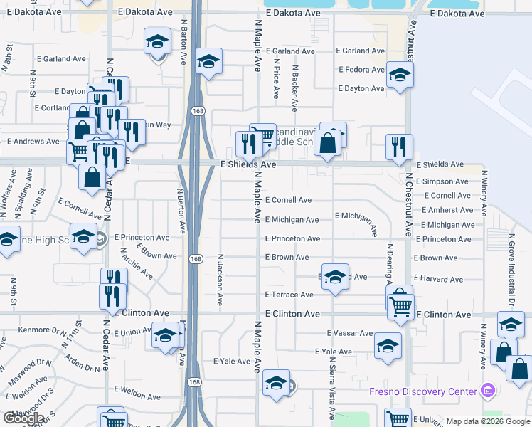 map of restaurants, bars, coffee shops, grocery stores, and more near 4613 E Michigan Ave in Fresno