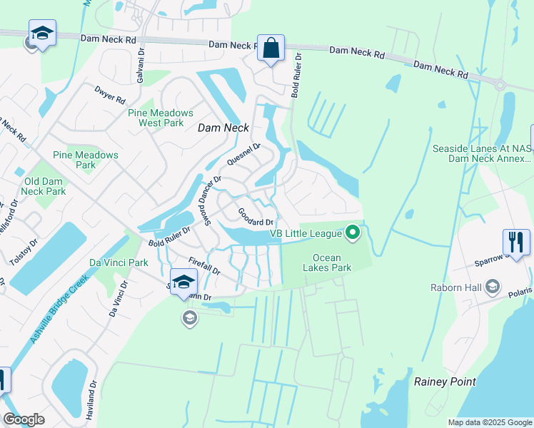 map of restaurants, bars, coffee shops, grocery stores, and more near 1523 Sword Dancer Drive in Virginia Beach