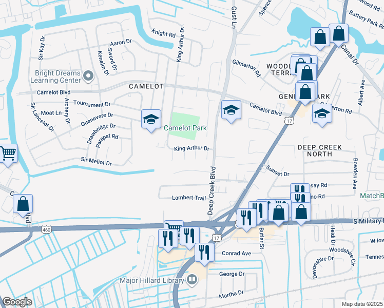 map of restaurants, bars, coffee shops, grocery stores, and more near 908 Page Court in Chesapeake