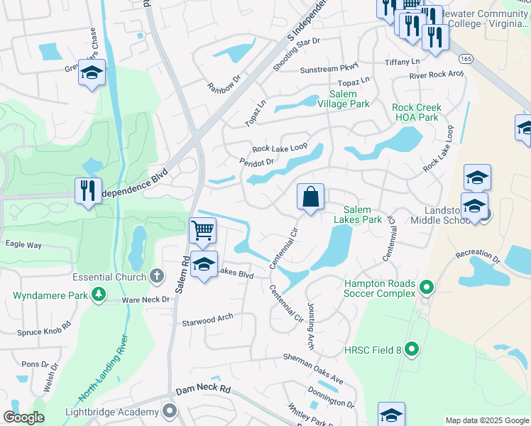 map of restaurants, bars, coffee shops, grocery stores, and more near 2409 Rock Lake Loop in Virginia Beach