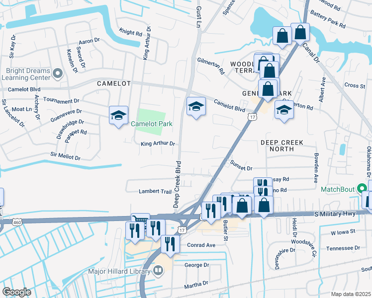 map of restaurants, bars, coffee shops, grocery stores, and more near 2736 Janice Lynn Court in Chesapeake