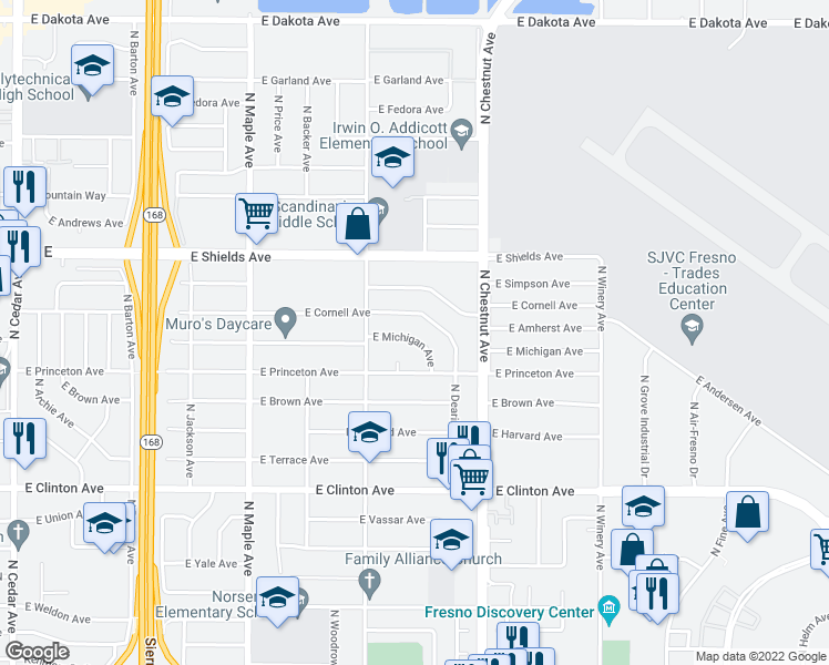 map of restaurants, bars, coffee shops, grocery stores, and more near 4741 East Michigan Avenue in Fresno