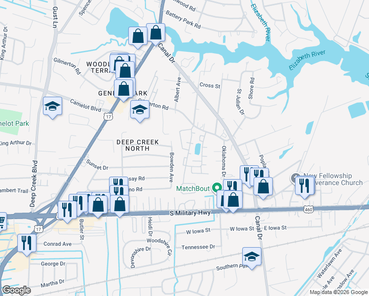 map of restaurants, bars, coffee shops, grocery stores, and more near 800 Geneva Avenue in Chesapeake