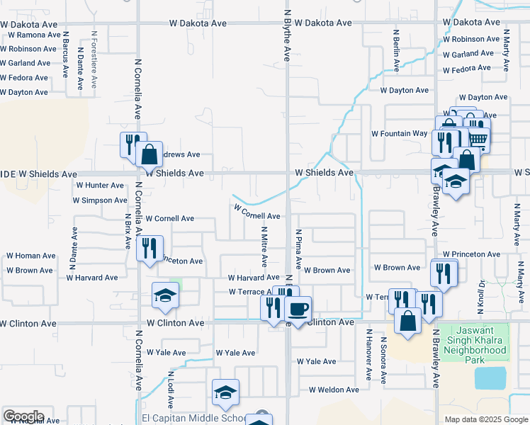 map of restaurants, bars, coffee shops, grocery stores, and more near 4460 West Cornell Avenue in Fresno