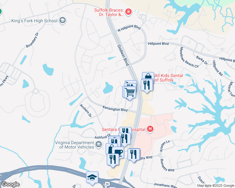 map of restaurants, bars, coffee shops, grocery stores, and more near 251 Wexford Drive West in Suffolk