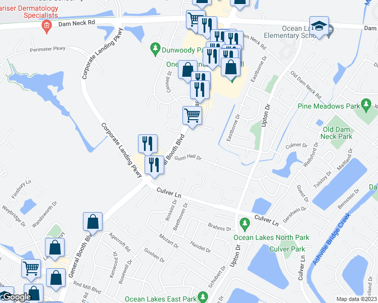 map of restaurants, bars, coffee shops, grocery stores, and more near 1213 Topgallant Court in Virginia Beach