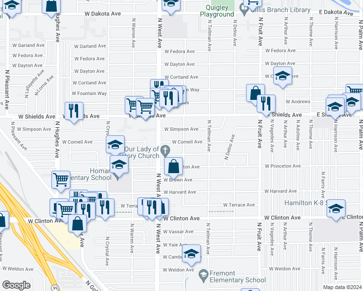 map of restaurants, bars, coffee shops, grocery stores, and more near 2949 North Channing Way in Fresno