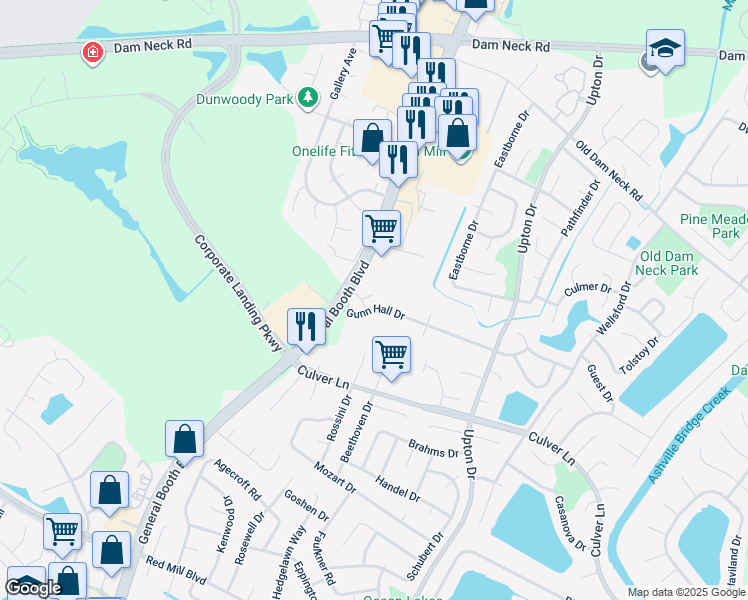 map of restaurants, bars, coffee shops, grocery stores, and more near 1213 Topgallant Court in Virginia Beach