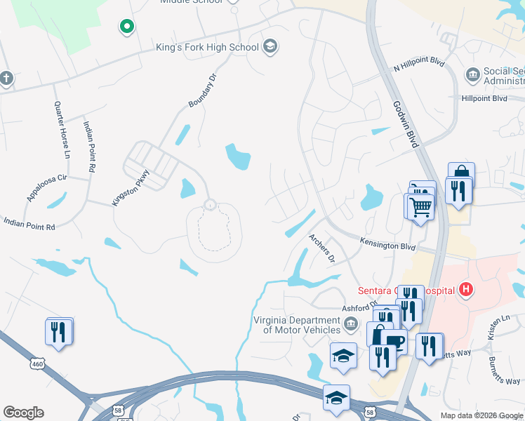map of restaurants, bars, coffee shops, grocery stores, and more near 119 Jester Circle in Suffolk