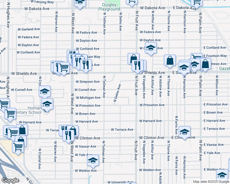 map of restaurants, bars, coffee shops, grocery stores, and more near 714 West Michigan Avenue in Fresno