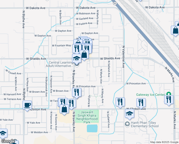 map of restaurants, bars, coffee shops, grocery stores, and more near 2681 North Knoll Drive in Fresno
